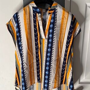 Striped V-Neck Cap Sleeve Top in Navy, White & Mustard